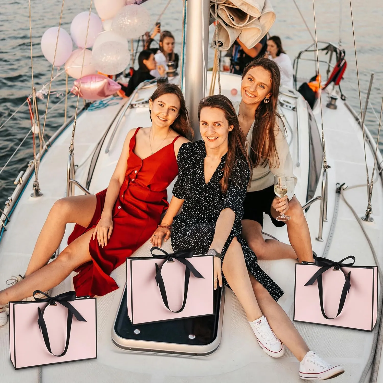 STOBOCTER 6 Pcs Elegant Paper Gift Bags with Handles 12.6''x4''x9.1'' Thank You Gift Bags with Bow Ribbon Gift Wrap Bags for Wedding Bridesmaid Groomsmen Party Baby Shower Birthday Gifts(Pink, Black)
