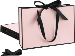STOBOCTER 6 Pcs Elegant Paper Gift Bags with Handles 12.6''x4''x9.1'' Thank You Gift Bags with Bow Ribbon Gift Wrap Bags for Wedding Bridesmaid Groomsmen Party Baby Shower Birthday Gifts(Pink, Black)