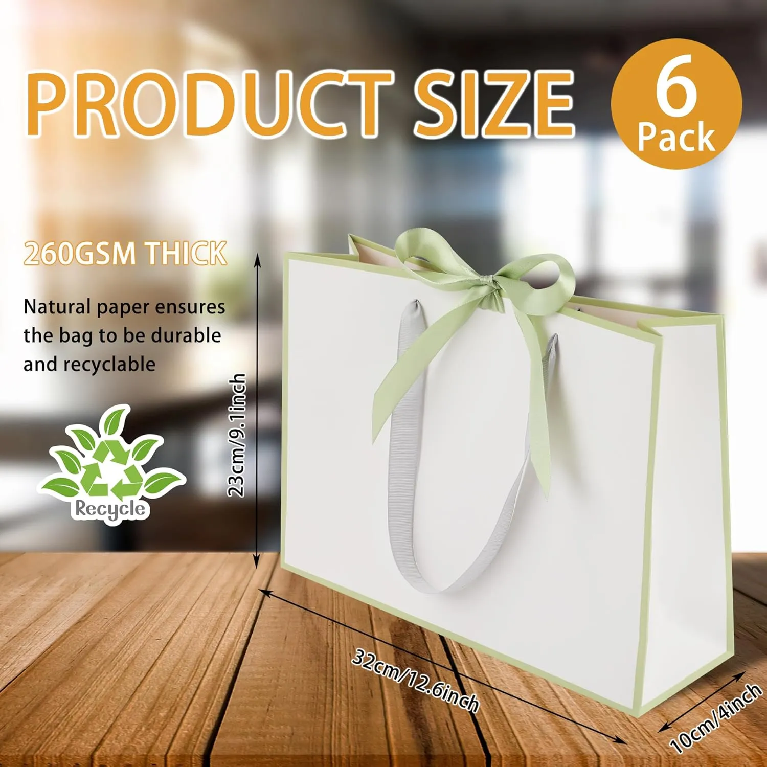 STOBOCTER 6 Pcs Paper Gift Bags with Handles 12.6''x4''x9.1'' Thank You Gift Bags with Bow Ribbon Gift Wrap Bags for Wedding Bridesmaid Groomsmen Party Baby Shower Birthday Gifts(White, Sage Green)