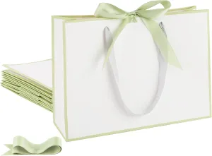 STOBOCTER 6 Pcs Paper Gift Bags with Handles 12.6''x4''x9.1'' Thank You Gift Bags with Bow Ribbon Gift Wrap Bags for Wedding Bridesmaid Groomsmen Party Baby Shower Birthday Gifts(White, Sage Green)