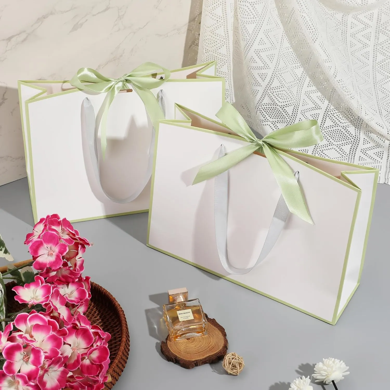 STOBOCTER 6 Pcs Paper Gift Bags with Handles 12.6''x4''x9.1'' Thank You Gift Bags with Bow Ribbon Gift Wrap Bags for Wedding Bridesmaid Groomsmen Party Baby Shower Birthday Gifts(White, Sage Green)