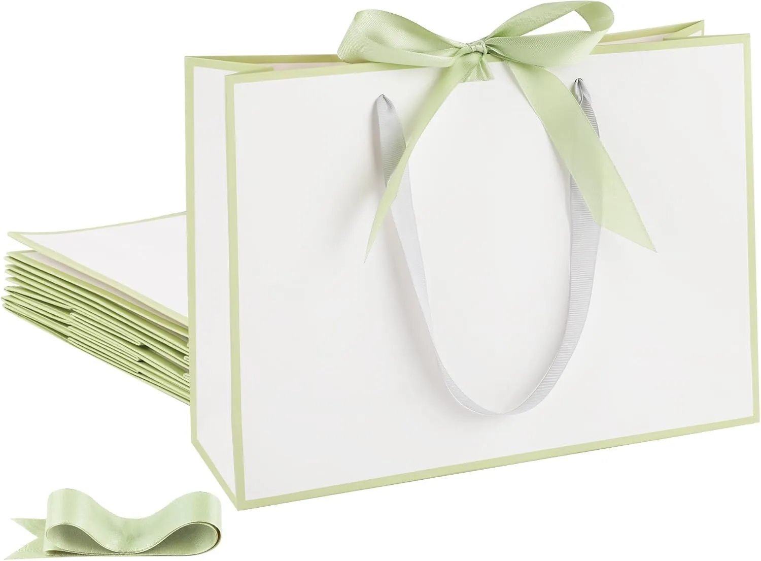 STOBOCTER 6 Pcs Paper Gift Bags with Handles 12.6''x4''x9.1'' Thank You Gift Bags with Bow Ribbon Gift Wrap Bags for Wedding Bridesmaid Groomsmen Party Baby Shower Birthday Gifts(White, Sage Green)