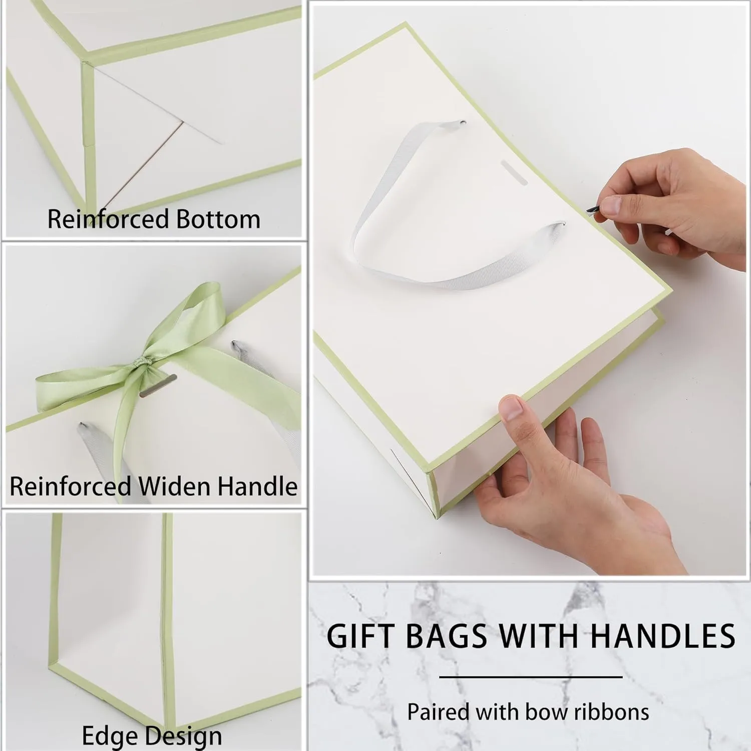 STOBOCTER 6 Pcs Paper Gift Bags with Handles 12.6''x4''x9.1'' Thank You Gift Bags with Bow Ribbon Gift Wrap Bags for Wedding Bridesmaid Groomsmen Party Baby Shower Birthday Gifts(White, Sage Green)