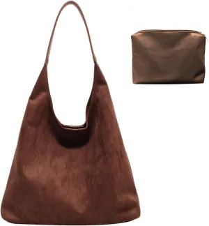 Suede Bags for Women - Brown Suede Tote and Shoulder Bag with Zipper Purse