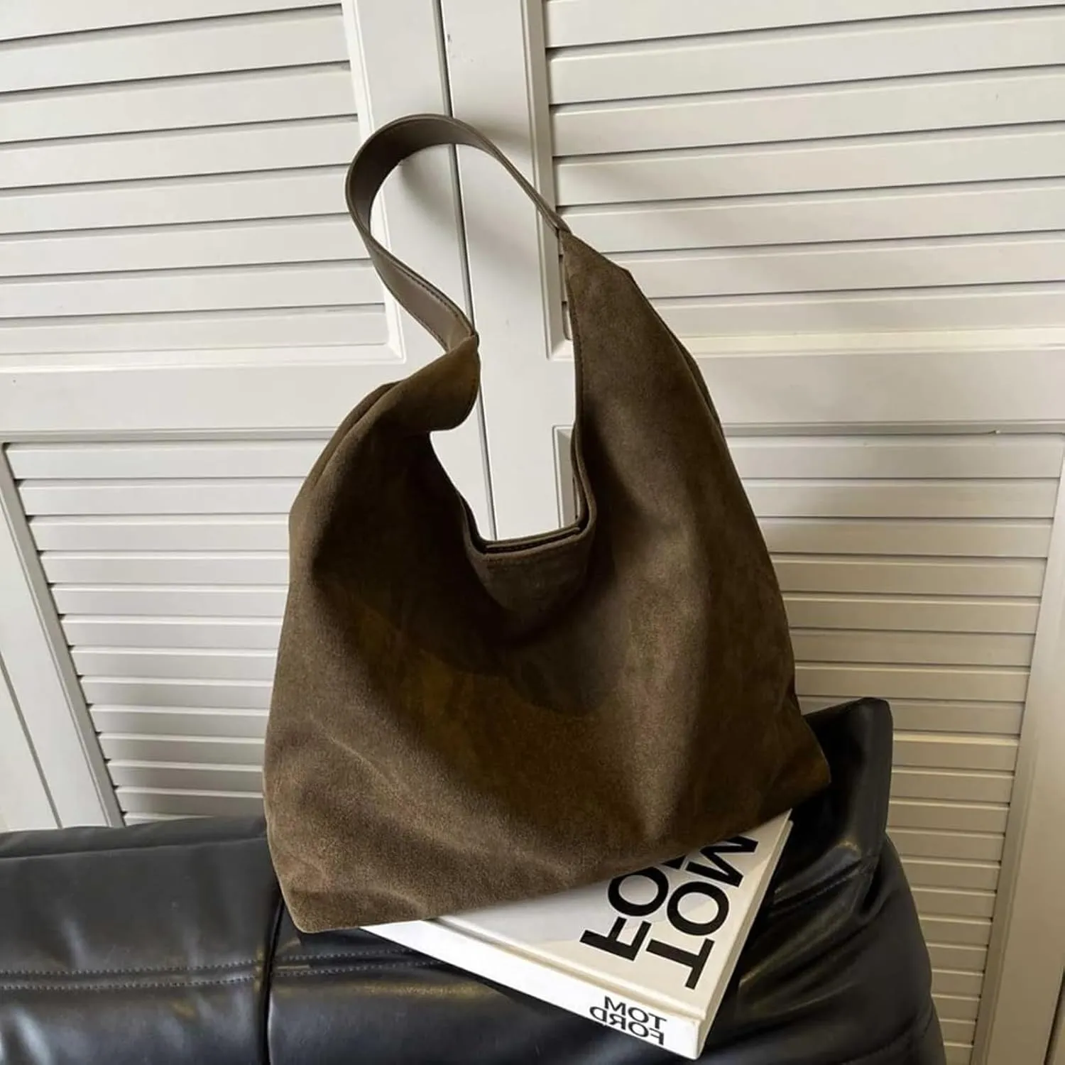 Suede Bags for Women - Brown Suede Tote and Shoulder Bag with Zipper Purse