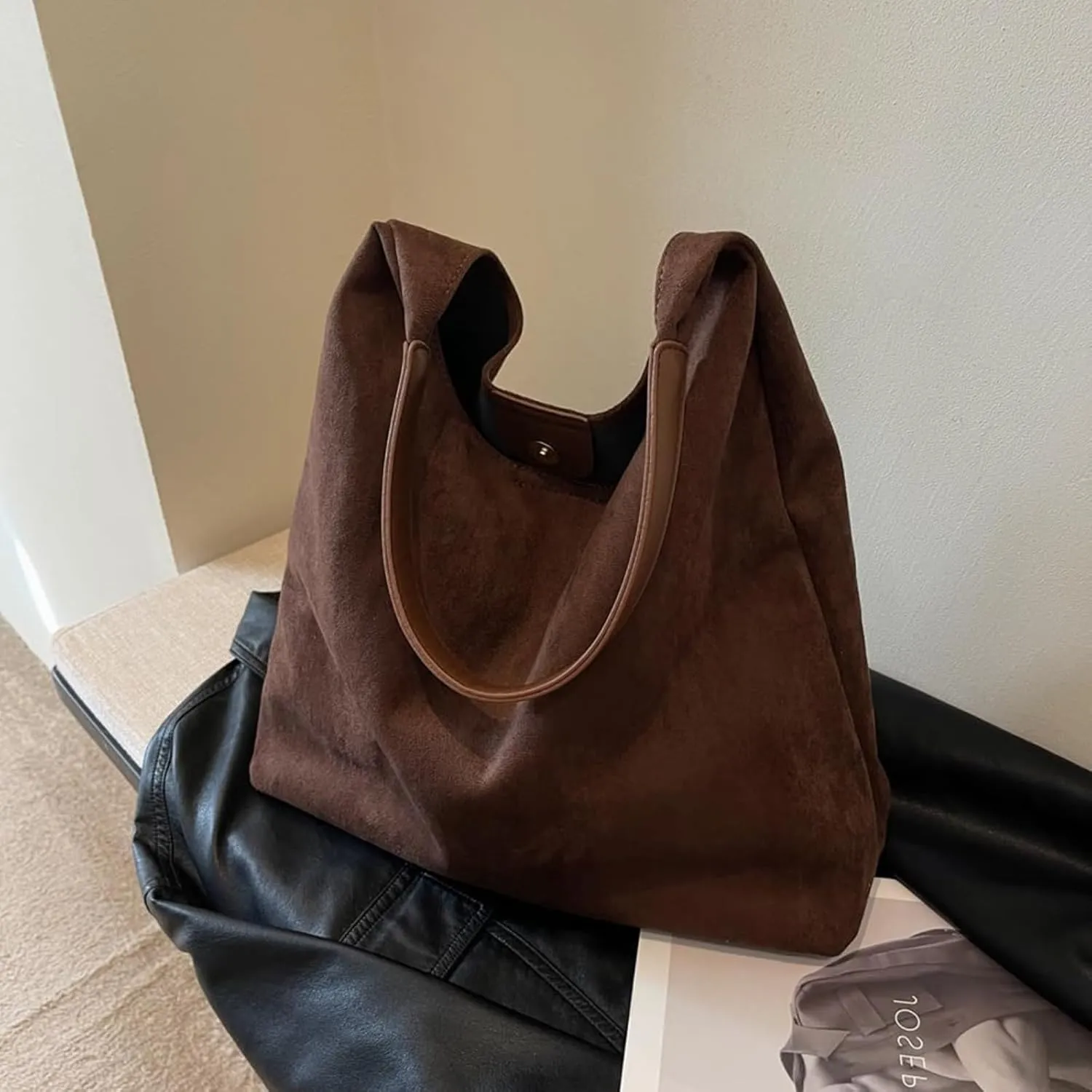 Suede Bags for Women - Brown Suede Tote and Shoulder Bag with Zipper Purse