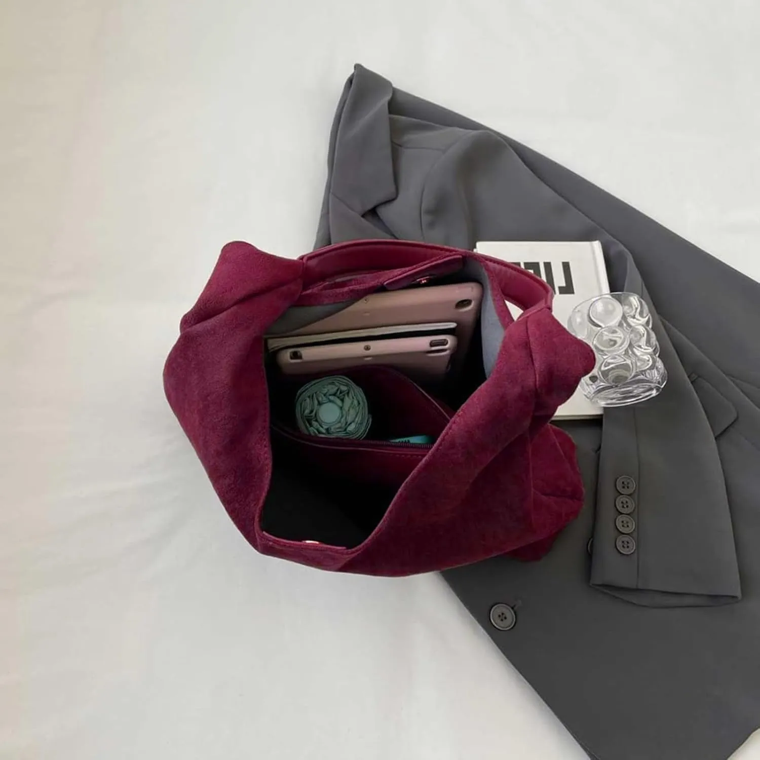 Suede Bags for Women - Brown Suede Tote and Shoulder Bag with Zipper Purse