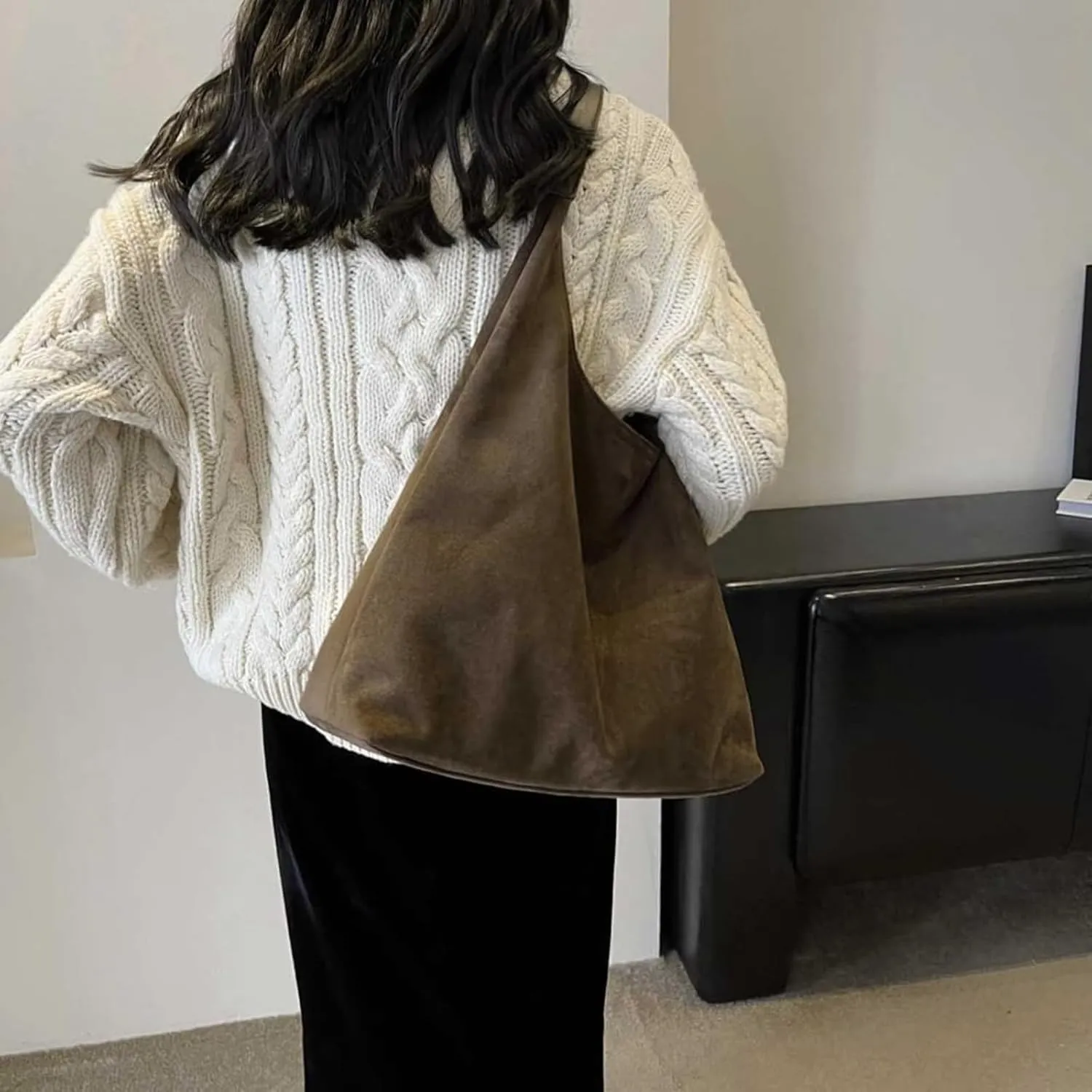 Suede Bags for Women - Brown Suede Tote and Shoulder Bag with Zipper Purse