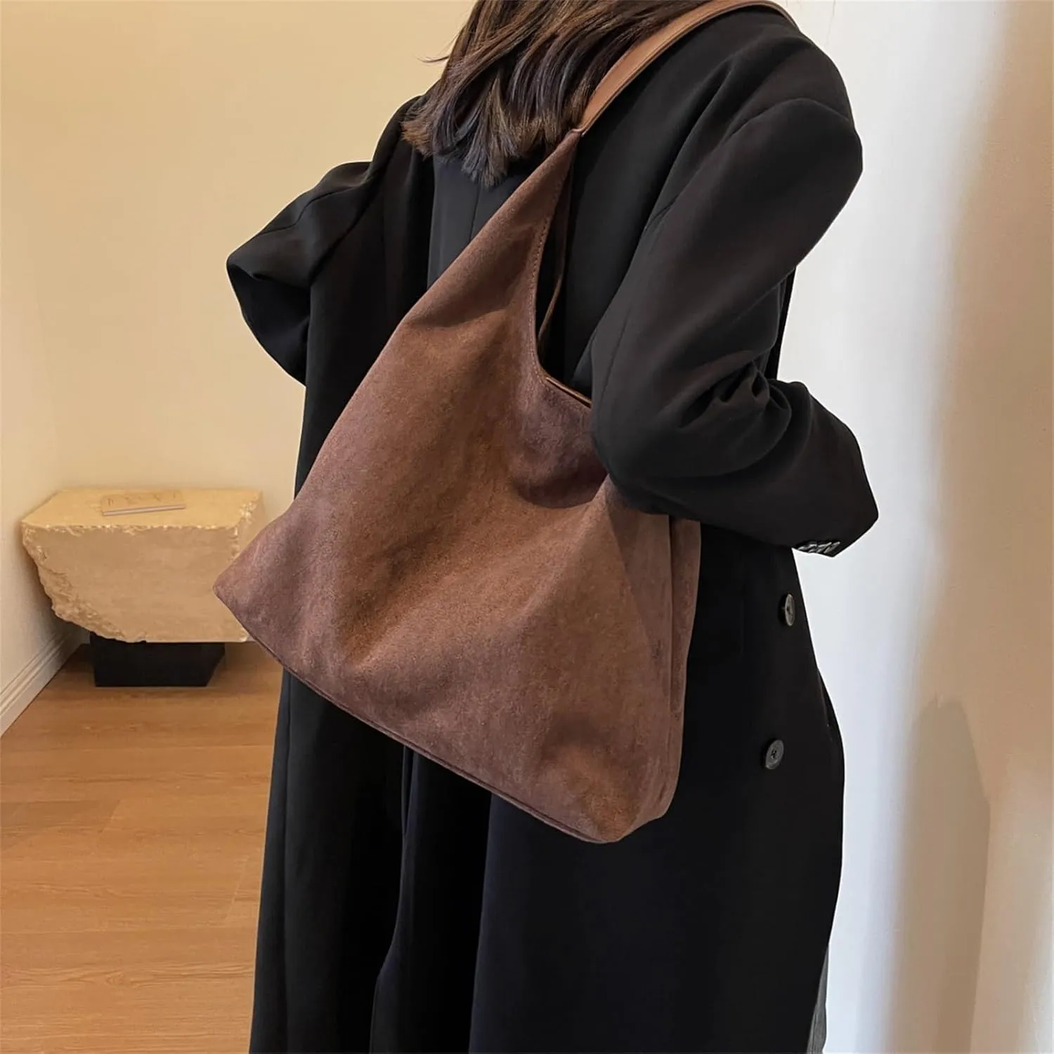 Suede Bags for Women Retro Tote Bag Suede Slouchy Bag Hobo Handbag Office Bags Tote Handbag-With Pu Leather Clutch Purse