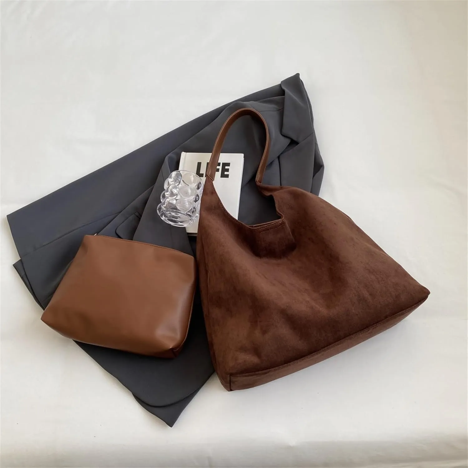 Suede Bags for Women Retro Tote Bag Suede Slouchy Bag Hobo Handbag Office Bags Tote Handbag-With Pu Leather Clutch Purse