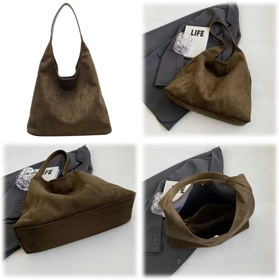 Suede Hobo Bags for Women Suede Purse Slouchy Tote Bag Soft Suede Leather Shoulder Handbags Work Bags with Purse