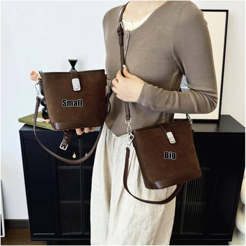 Suede Shoulder Bags for Women Retro Suede Bucket Crossbody Bag Suede Fall Purse Vintage Suede Handbag with Adjustable Strap