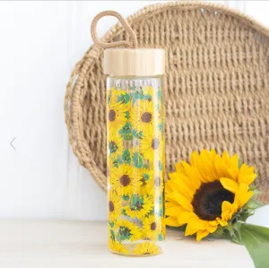 Sunflower Design Glass Water Bottle