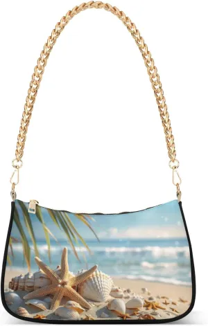 Sunny Beach Scene Shoulder Bag for Women, Handbag with Chain Strap, Soft Purse Tote Bag for Ladies