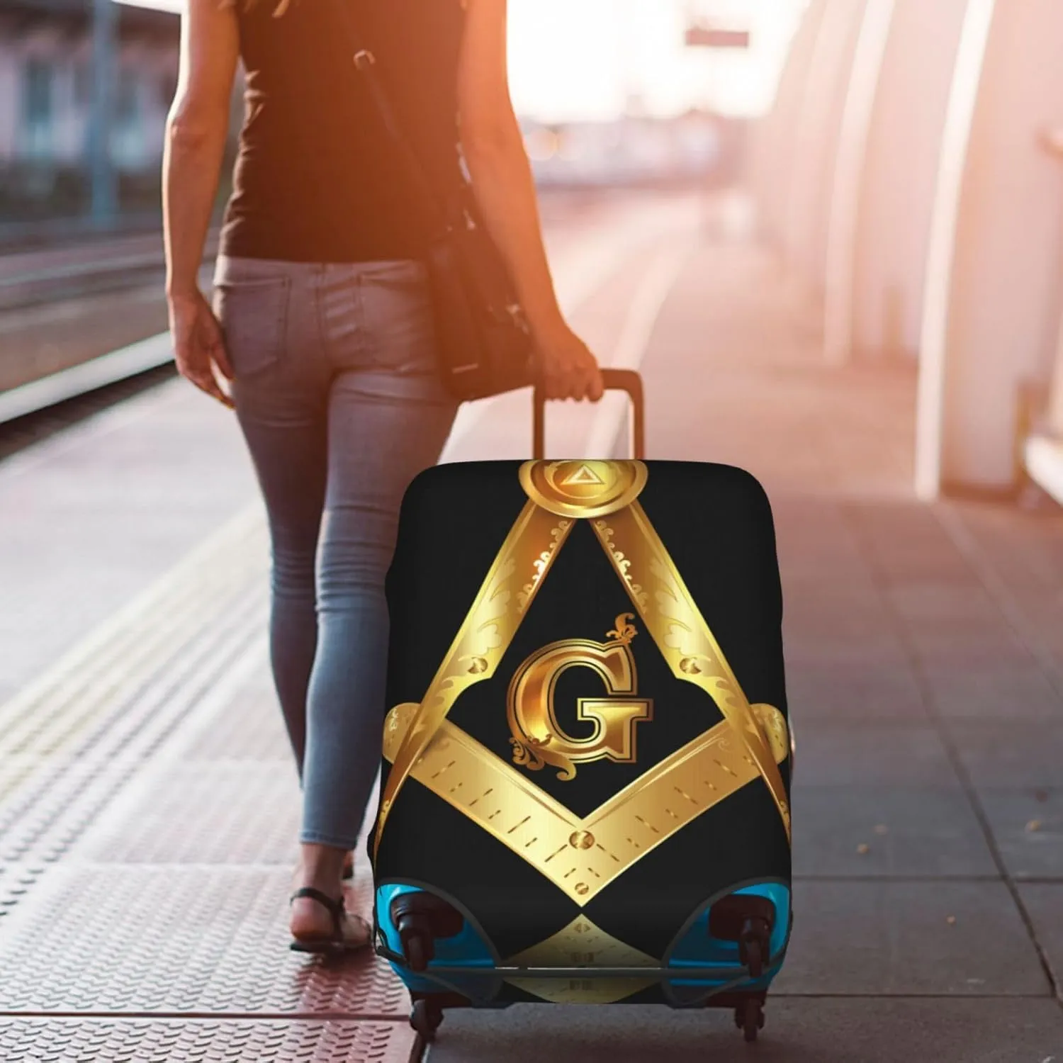 SWEET TANG Luggage Covers For Suitcase Suitcase Cover Protector Fit 18-32 Inch Luggage (Gold Freemason Freemasonry Masonic)