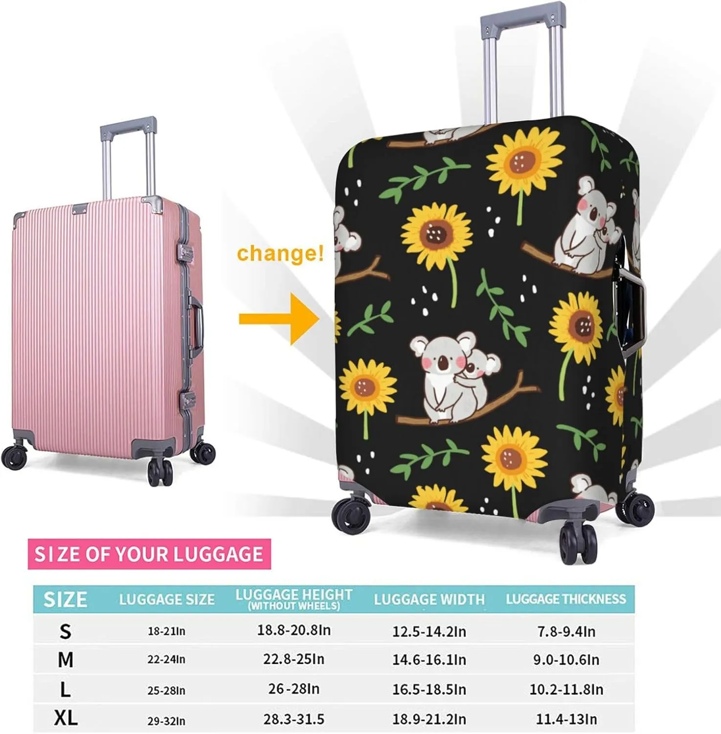 SWEET TANG Travel Luggage Cover Suitcase Protector Anti Scratch Suitcase Cover Washable Baggage Covers (Cute Koala Black Yellow Sunflower)