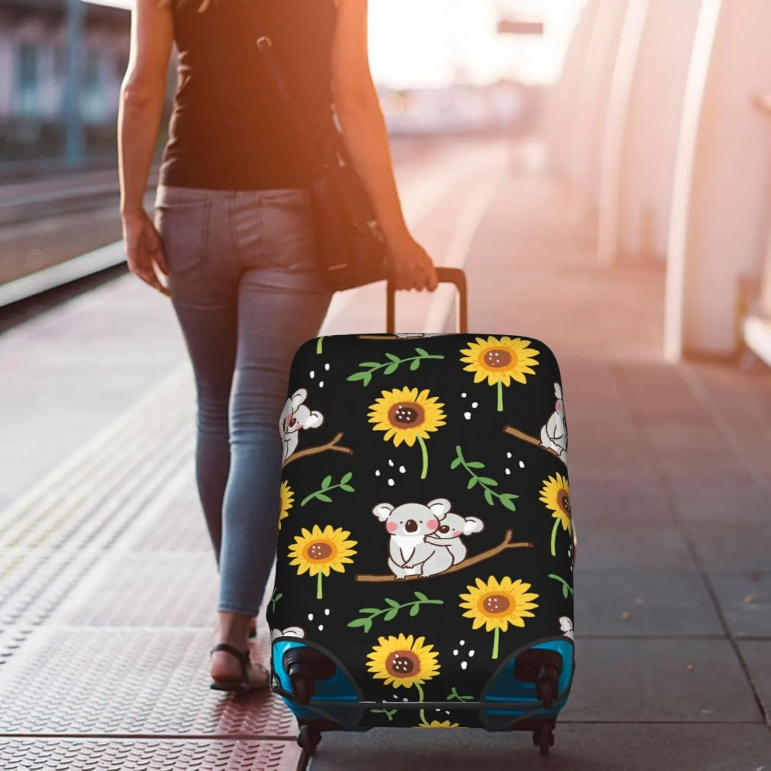 SWEET TANG Travel Luggage Cover Suitcase Protector Anti Scratch Suitcase Cover Washable Baggage Covers (Cute Koala Black Yellow Sunflower)