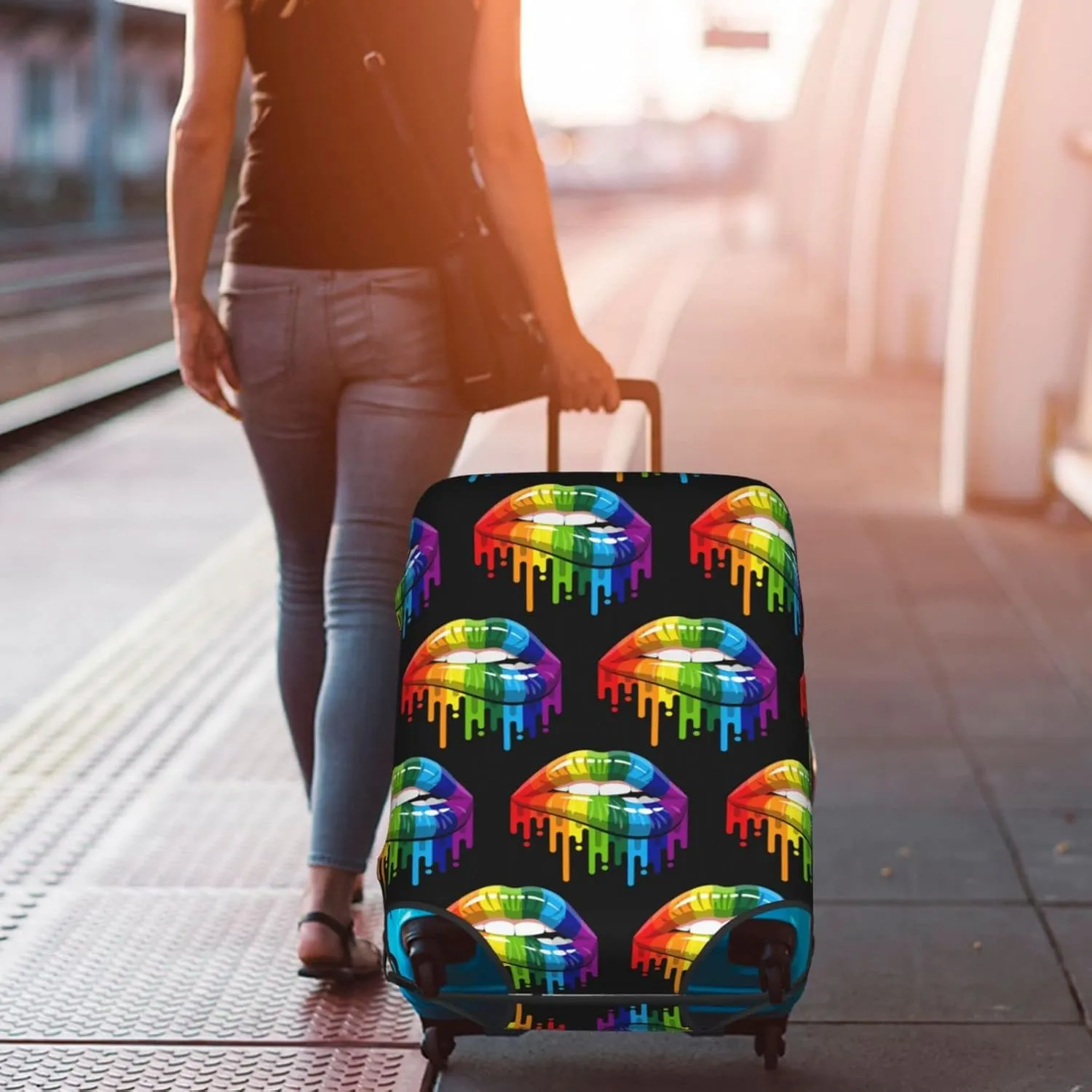 SWEET TANG Travel Luggage Cover Suitcase Protector Anti Scratch Suitcase Cover Washable Baggage Covers (Gay Homosexual Lesbian Rainbow Lips Pride)