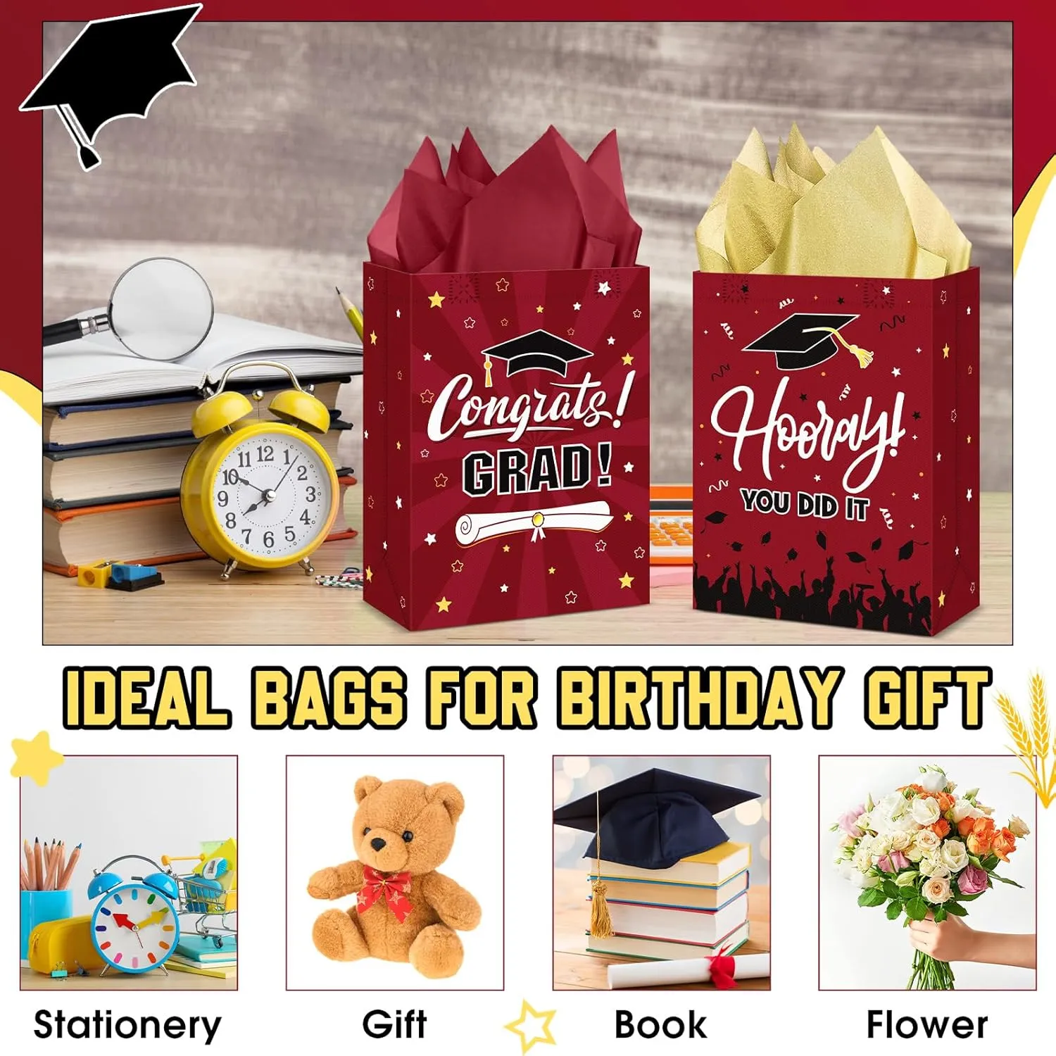 Sweetude 12 Pcs 2025 Graduation Gift Bags with Handles Non Woven Congrats Grad Tote Bags Reusable Party Favor for College Graduation Party Decoration