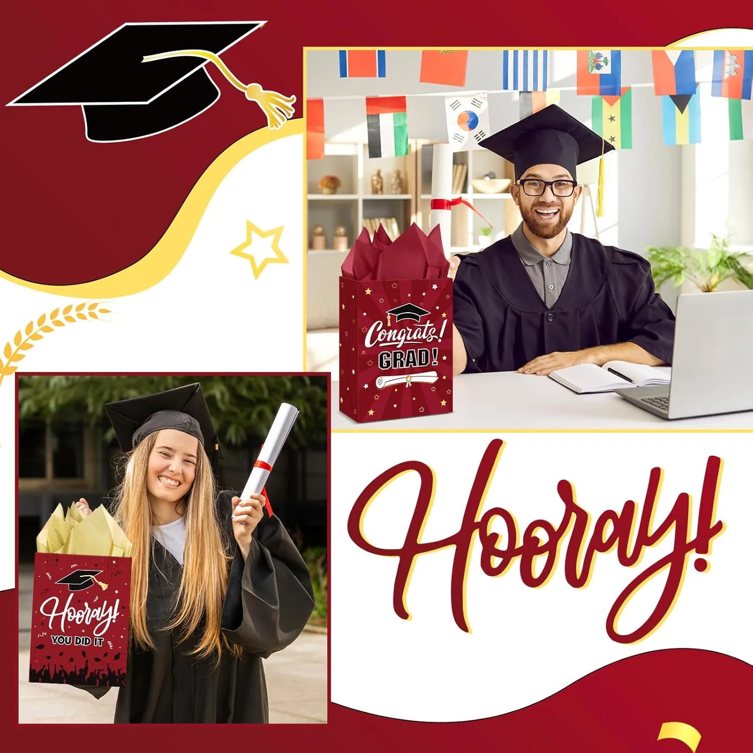 Sweetude 12 Pcs 2025 Graduation Gift Bags with Handles Non Woven Congrats Grad Tote Bags Reusable Party Favor for College Graduation Party Decoration