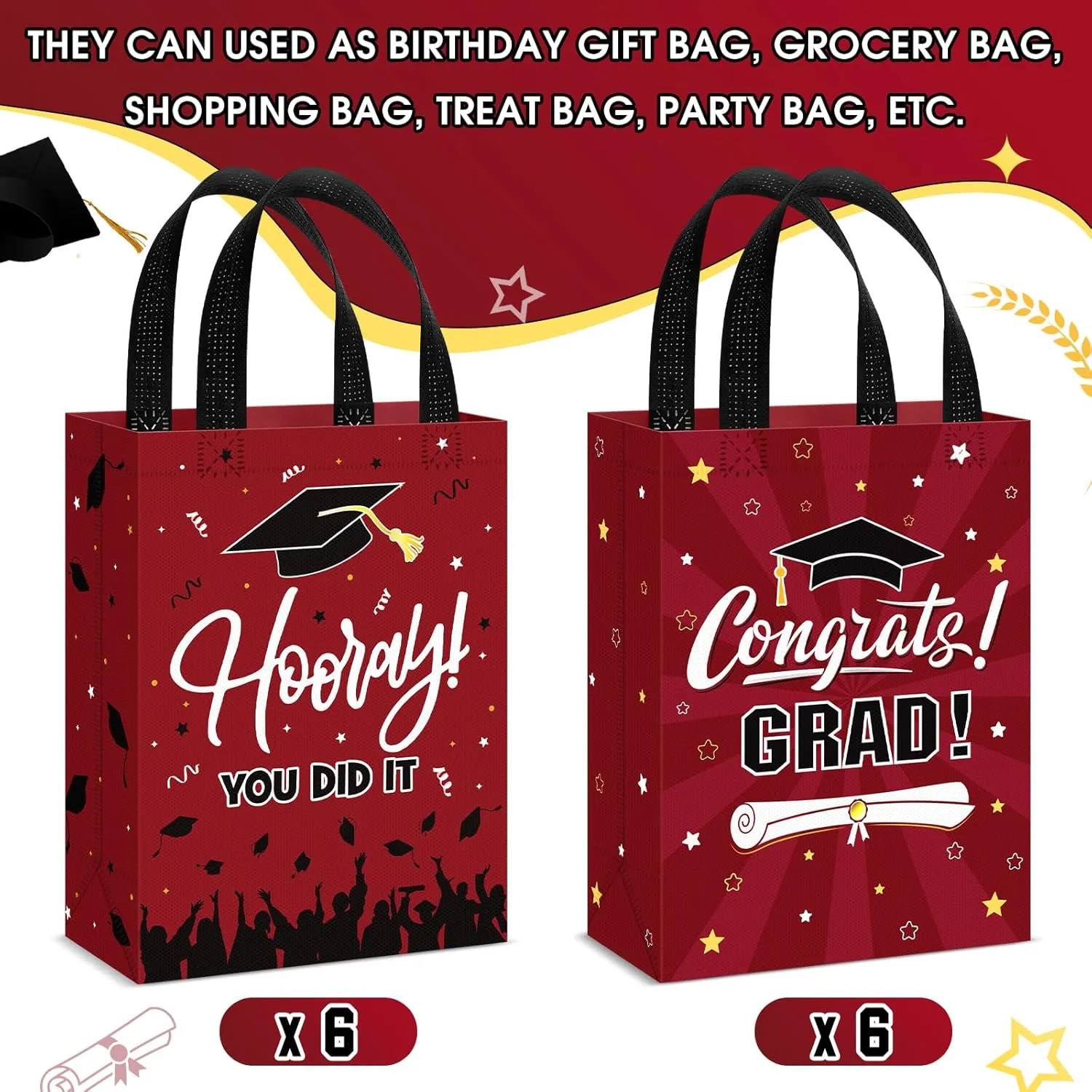 Sweetude 12 Pcs 2025 Graduation Gift Bags with Handles Non Woven Congrats Grad Tote Bags Reusable Party Favor for College Graduation Party Decoration