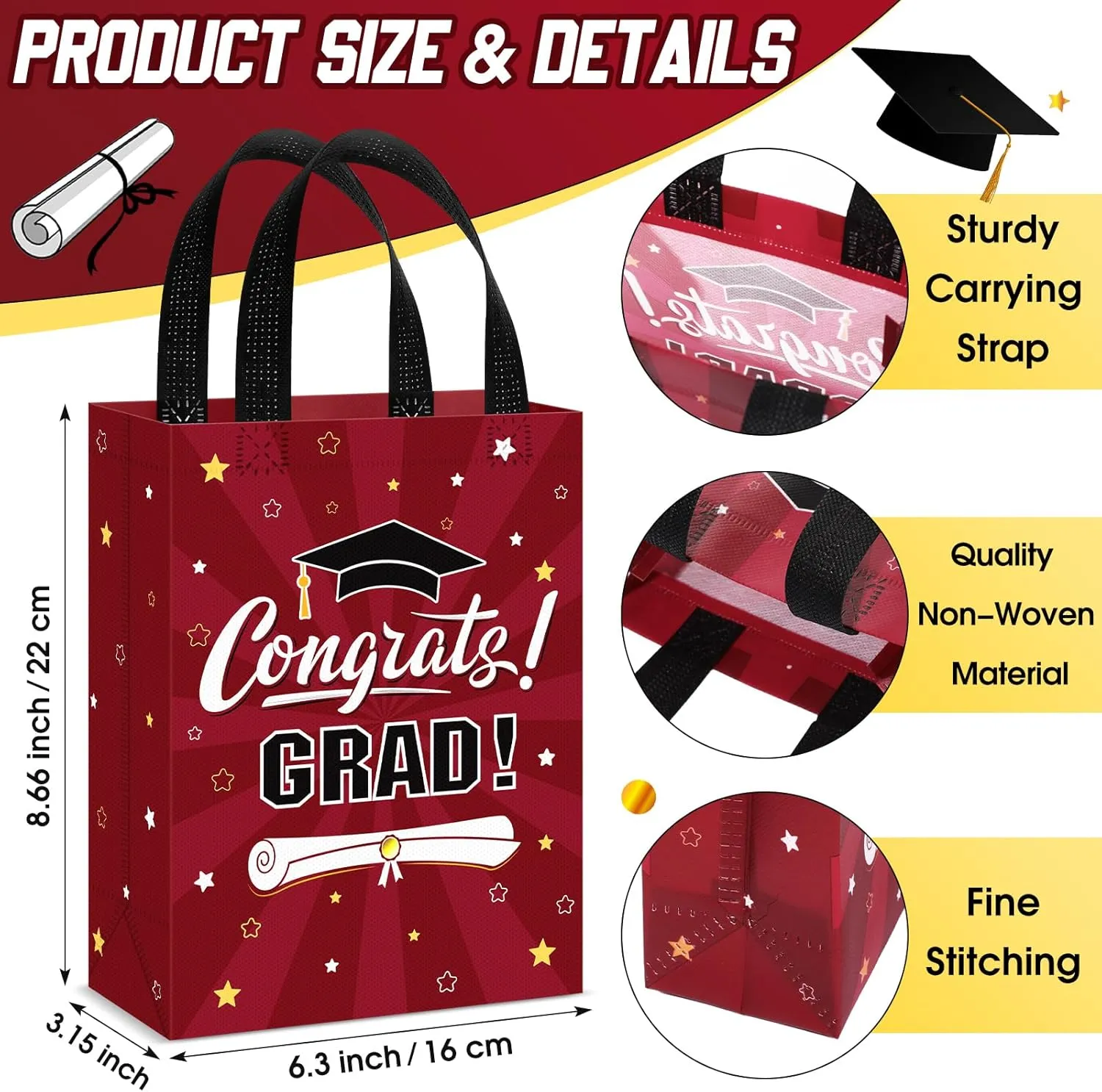Sweetude 12 Pcs 2025 Graduation Gift Bags with Handles Non Woven Congrats Grad Tote Bags Reusable Party Favor for College Graduation Party Decoration