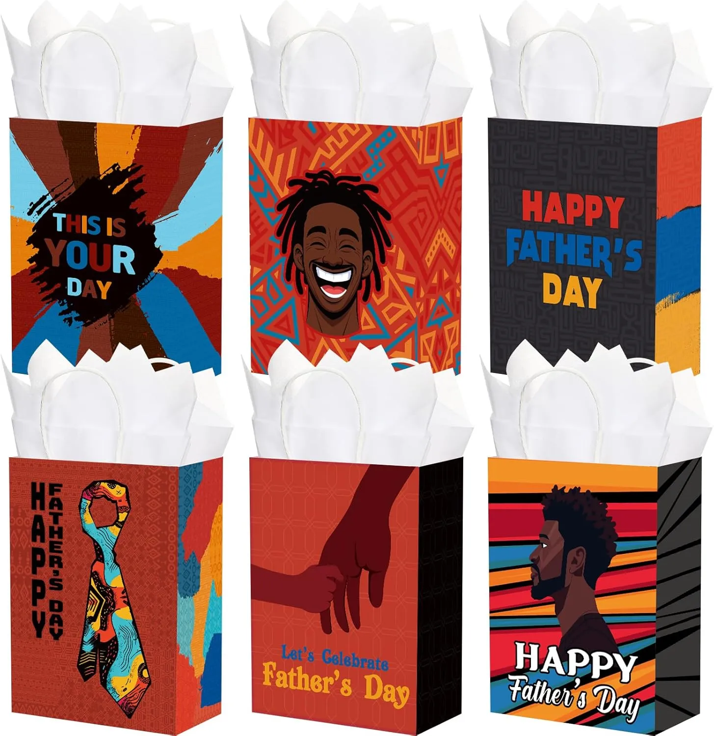 Sweetude 24 Pcs African American Father's Day Gift Bags with Tissue Paper, Happy Father's Day Paper Bags Gift Wrap Bags with Handle for Black Men Father's Day Birthday Party Decor
