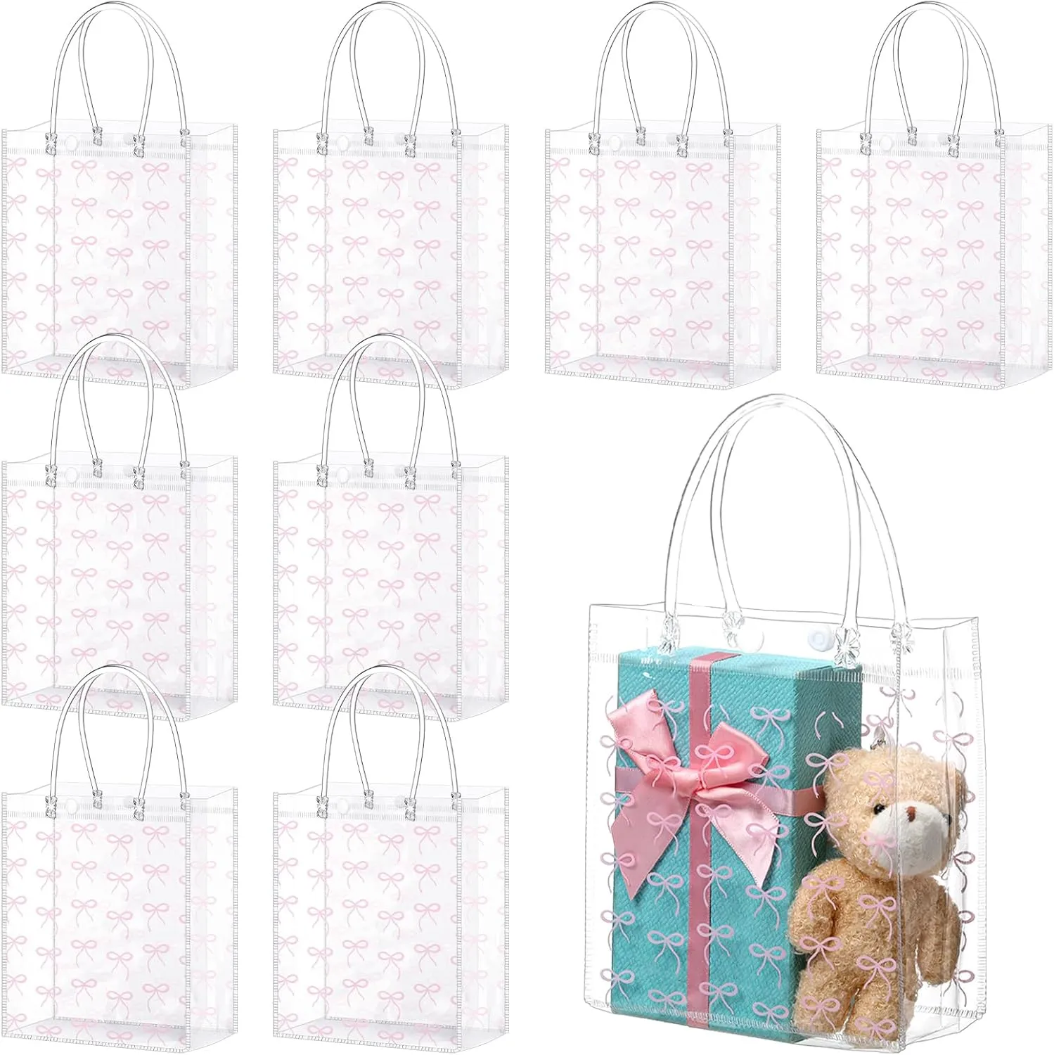 Sweetude 24 Pcs Coquette Bow Gift Bags Bow PVC Clear Gift Bag with Handle Goodie Candy Treat Bags for Birthday Baby Shower Bridal Shower Christmas Party Supplies