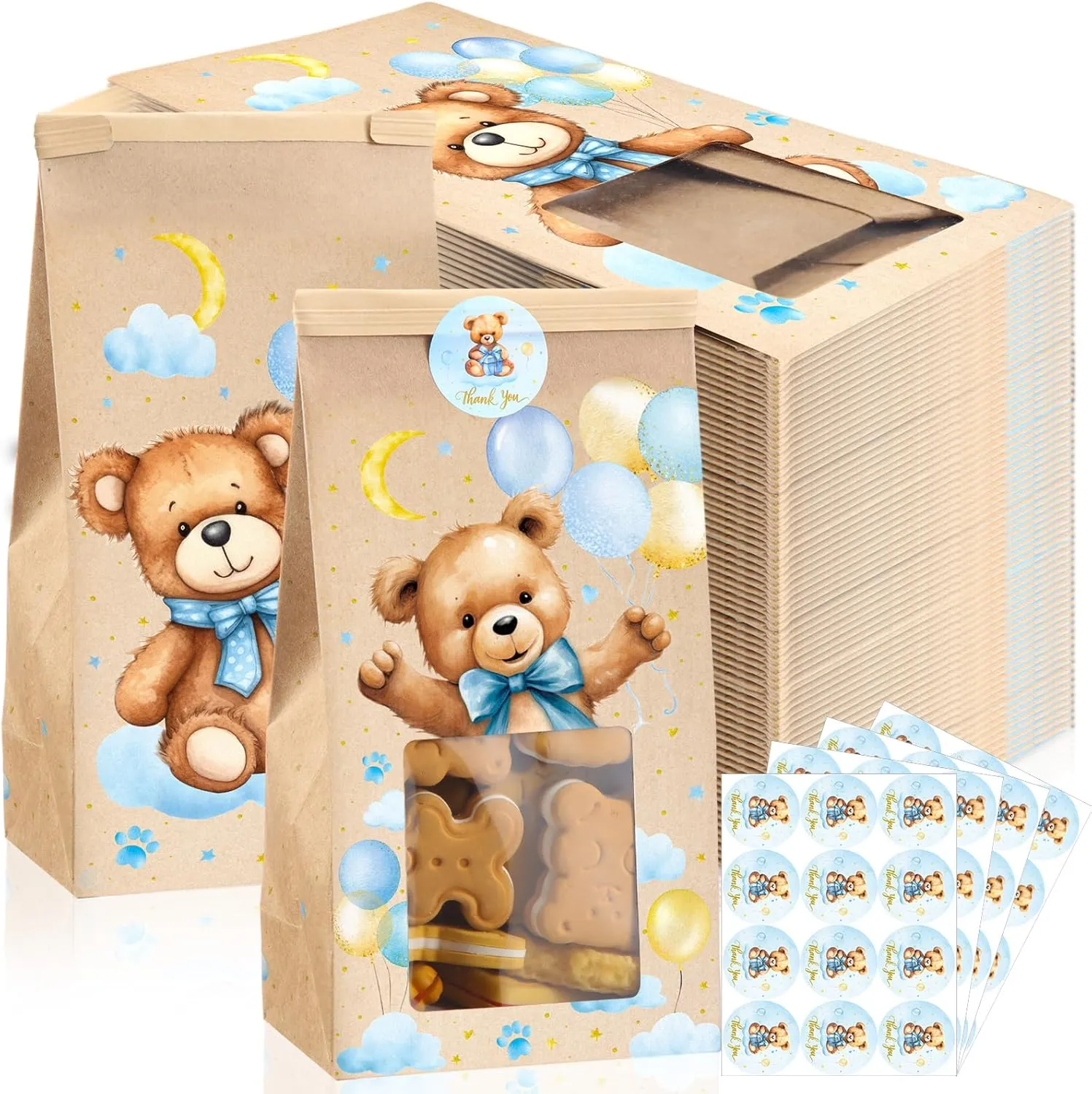 Sweetude 60 Pcs Bear Baby Shower Party Favor Gifts Bags Bakery Bags with Window and Stickers 4 x 2.36 x 6.7" Blue Bear Baby Shower Kraft Paper for Boy Birthday Party Supplies Decorations