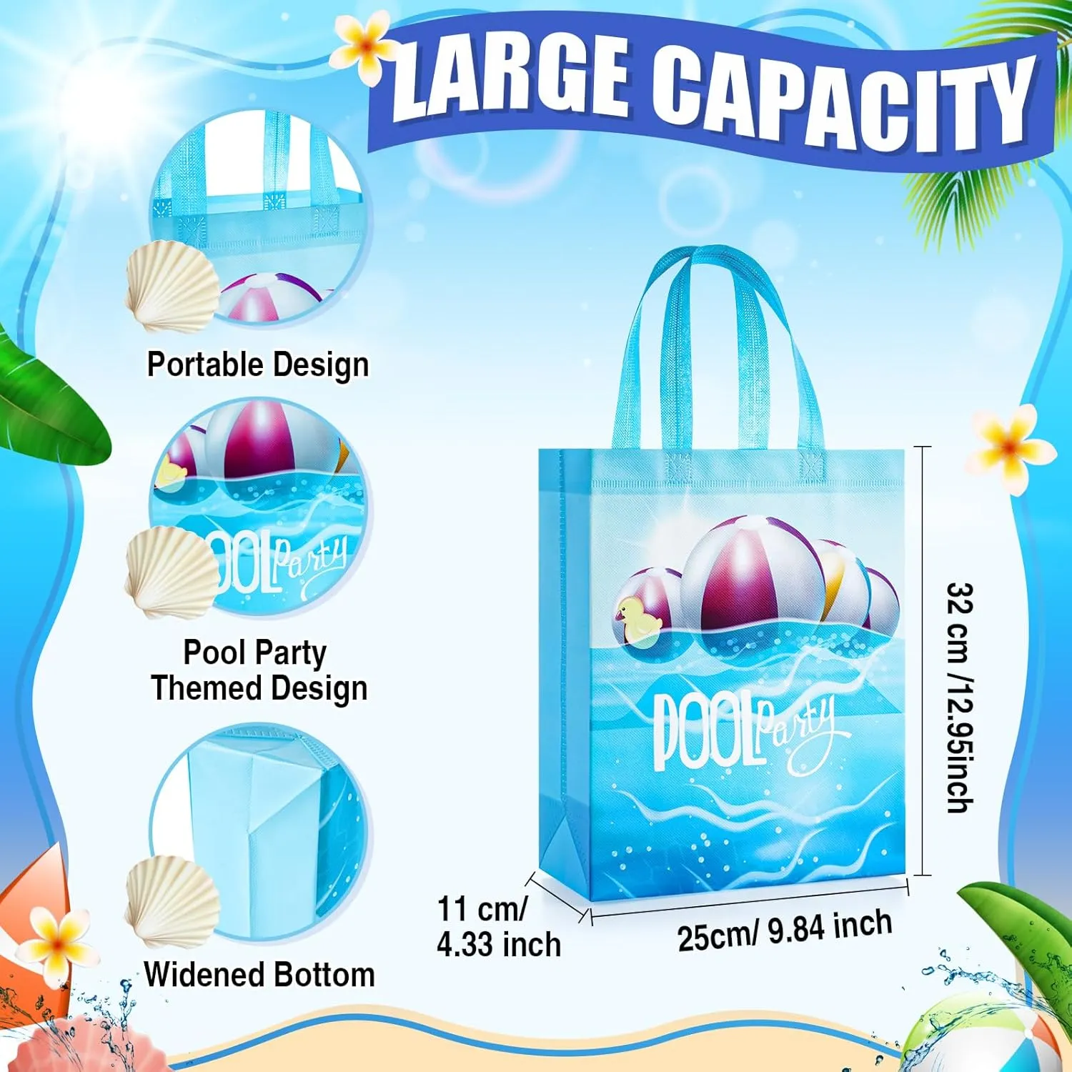 Sweetude 60 Pcs Pool Party Favors Bags Summer Gift Beach Goodie Reusable Summer Beach Pool Theme Non Woven Treat Bags with Handles for Hawaii Party, 12.6 x 9.84 Inch