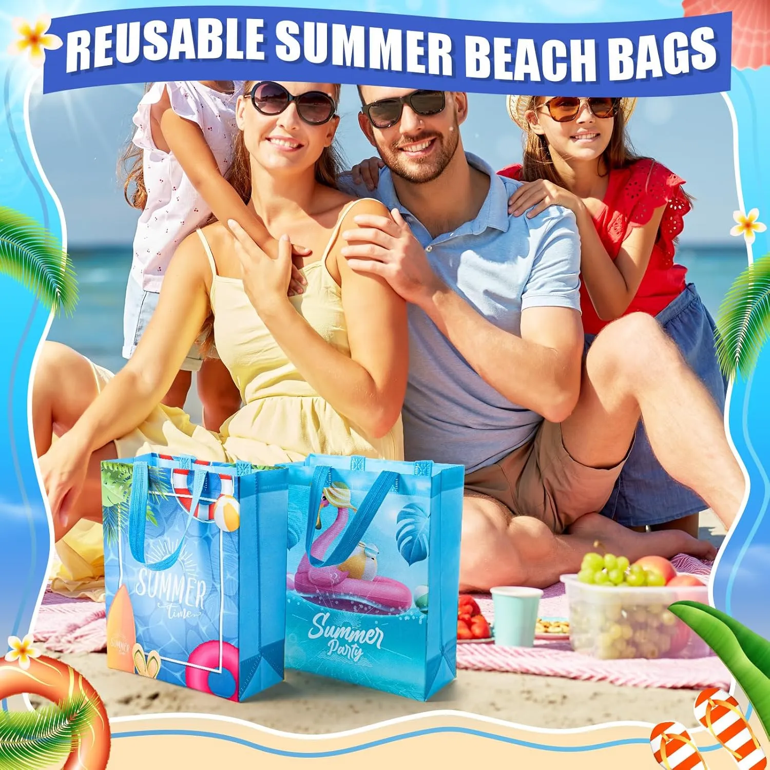 Sweetude 60 Pcs Pool Party Favors Bags Summer Gift Beach Goodie Reusable Summer Beach Pool Theme Non Woven Treat Bags with Handles for Hawaii Party, 12.6 x 9.84 Inch