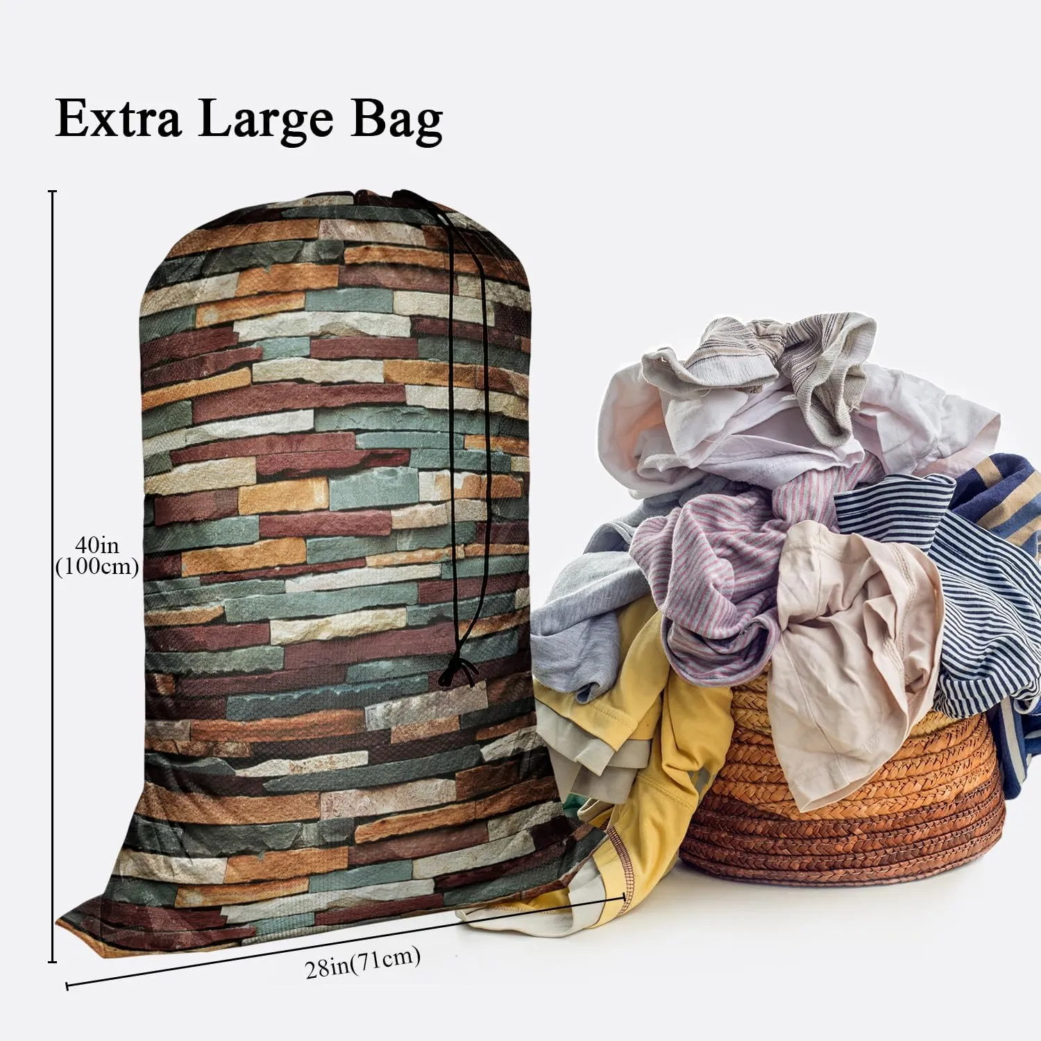 Swono Colorful Stones Laundry Bag with Drawstring Closure, Foldable, Compact, Lightweight, 28" X 40" Grunge Brick Wall Texture Packable Dirty Clothes Pouch for College Dorm, Camp, Road Trip
