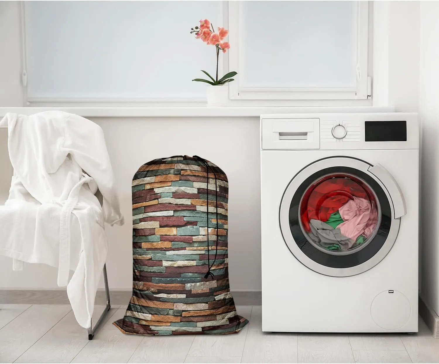 Swono Colorful Stones Laundry Bag with Drawstring Closure, Foldable, Compact, Lightweight, 28" X 40" Grunge Brick Wall Texture Packable Dirty Clothes Pouch for College Dorm, Camp, Road Trip