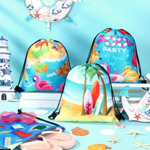 Talltalk 24 Pcs Summer Pool Party Favor Bags Beach Drawstring Backpack for Kid Hawaiian Tropical Candy Goody Treat Gift Bags Luau Birthday Party Supplies for Blue Ocean Wedding Decor