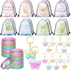 Talltalk 48 Pcs Butterfly Party Favor Set 16 Spring Party Drawstring Backpack Goodie Bag Candy Gift Bag 16 Wristband 16 Keychain for Spring Butterfly Birthday Party Supplies Baby Shower Gender Reveal