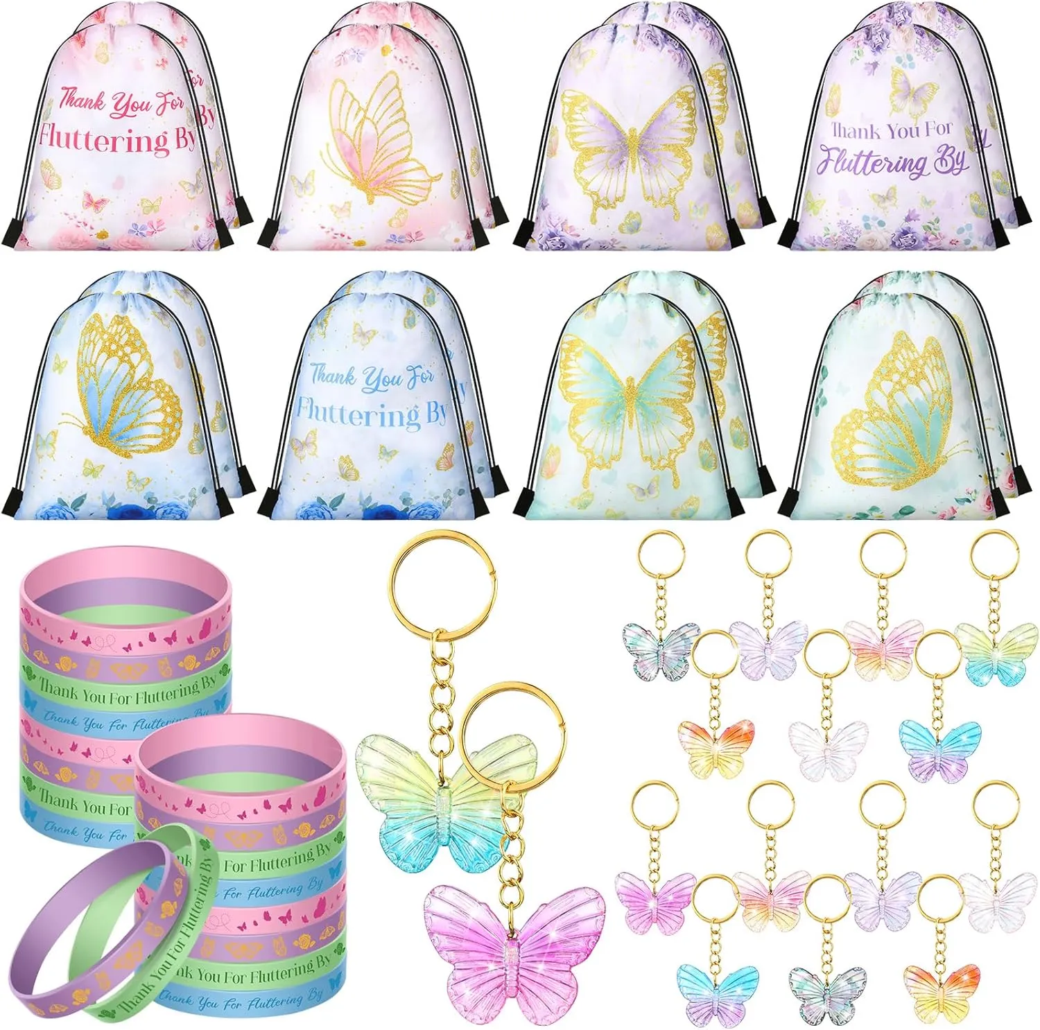 Talltalk 48 Pcs Butterfly Party Favor Set 16 Spring Party Drawstring Backpack Goodie Bag Candy Gift Bag 16 Wristband 16 Keychain for Spring Butterfly Birthday Party Supplies Baby Shower Gender Reveal