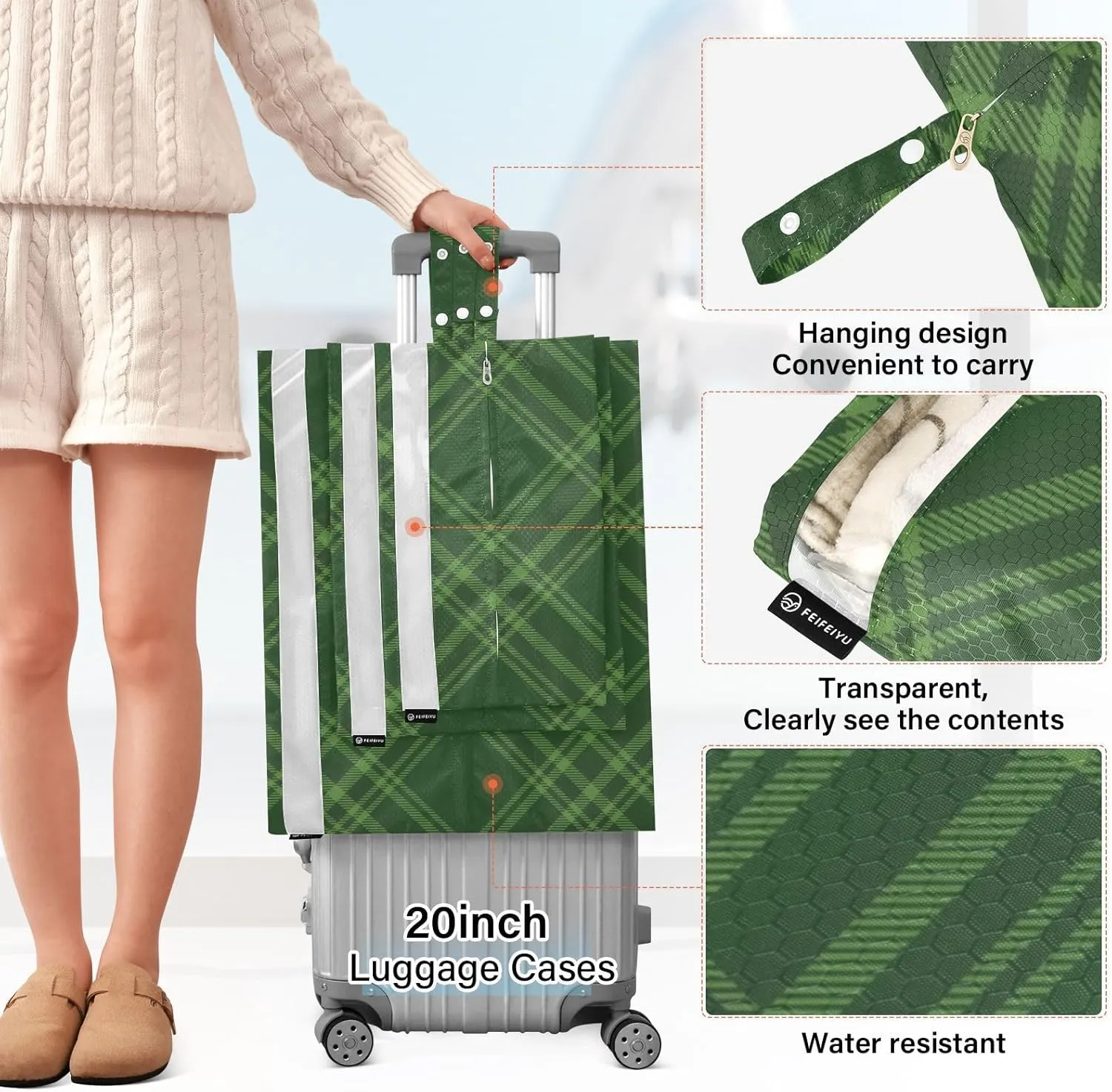 Tartan Black Green Check 3 Set Travel Packing Cubes For Suitcases, Foldable, Garment Bag Closet Storage, Luggage Space Saver, Organizadores De Maletas Para