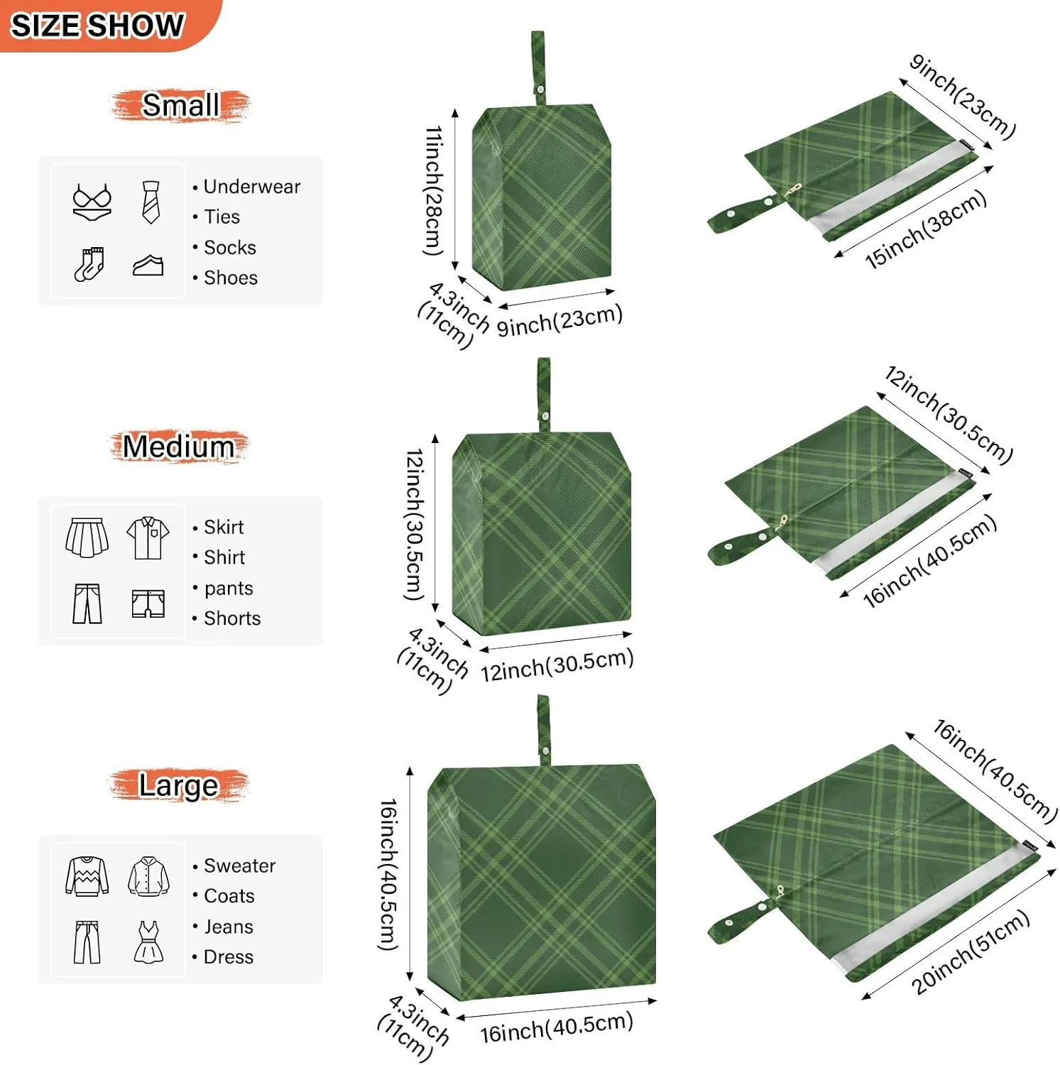 Tartan Black Green Check 3 Set Travel Packing Cubes For Suitcases, Foldable, Garment Bag Closet Storage, Luggage Space Saver, Organizadores De Maletas Para