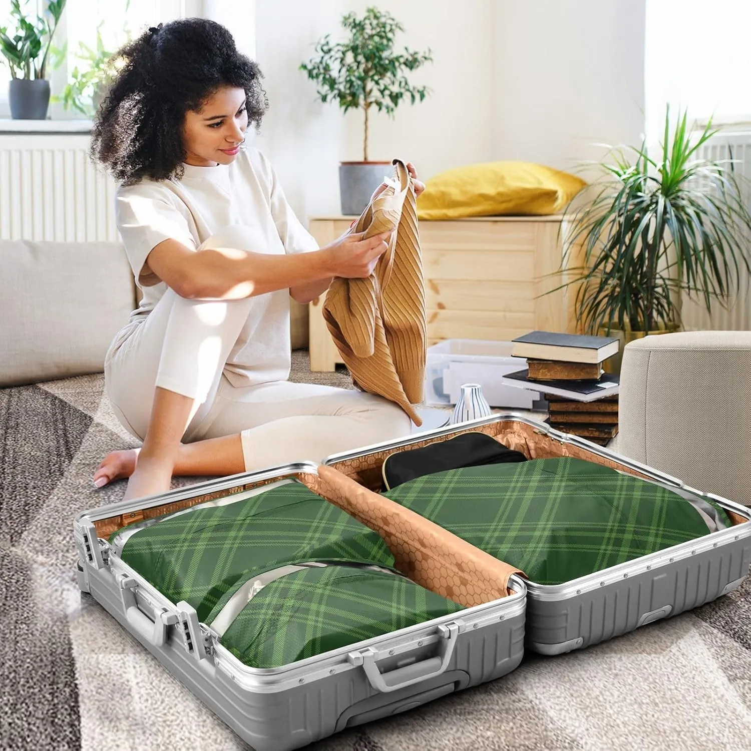 Tartan Black Green Check 3 Set Travel Packing Cubes For Suitcases, Foldable, Garment Bag Closet Storage, Luggage Space Saver, Organizadores De Maletas Para