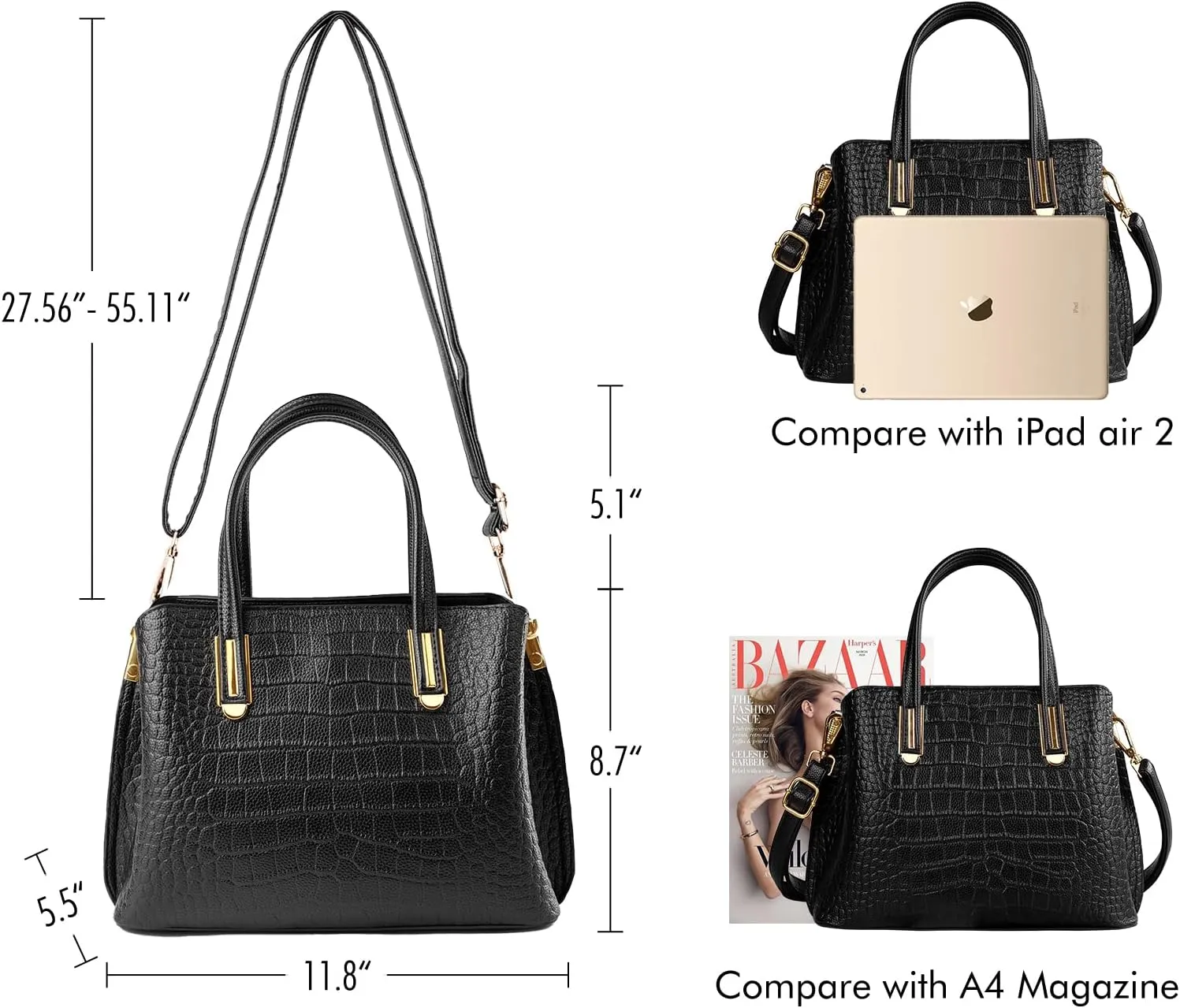 Top Handle Tote Bag Crocodile Genuine Leather Handbags for Women Cross Body Bags Ladies Black Shoulder Satchel Purse