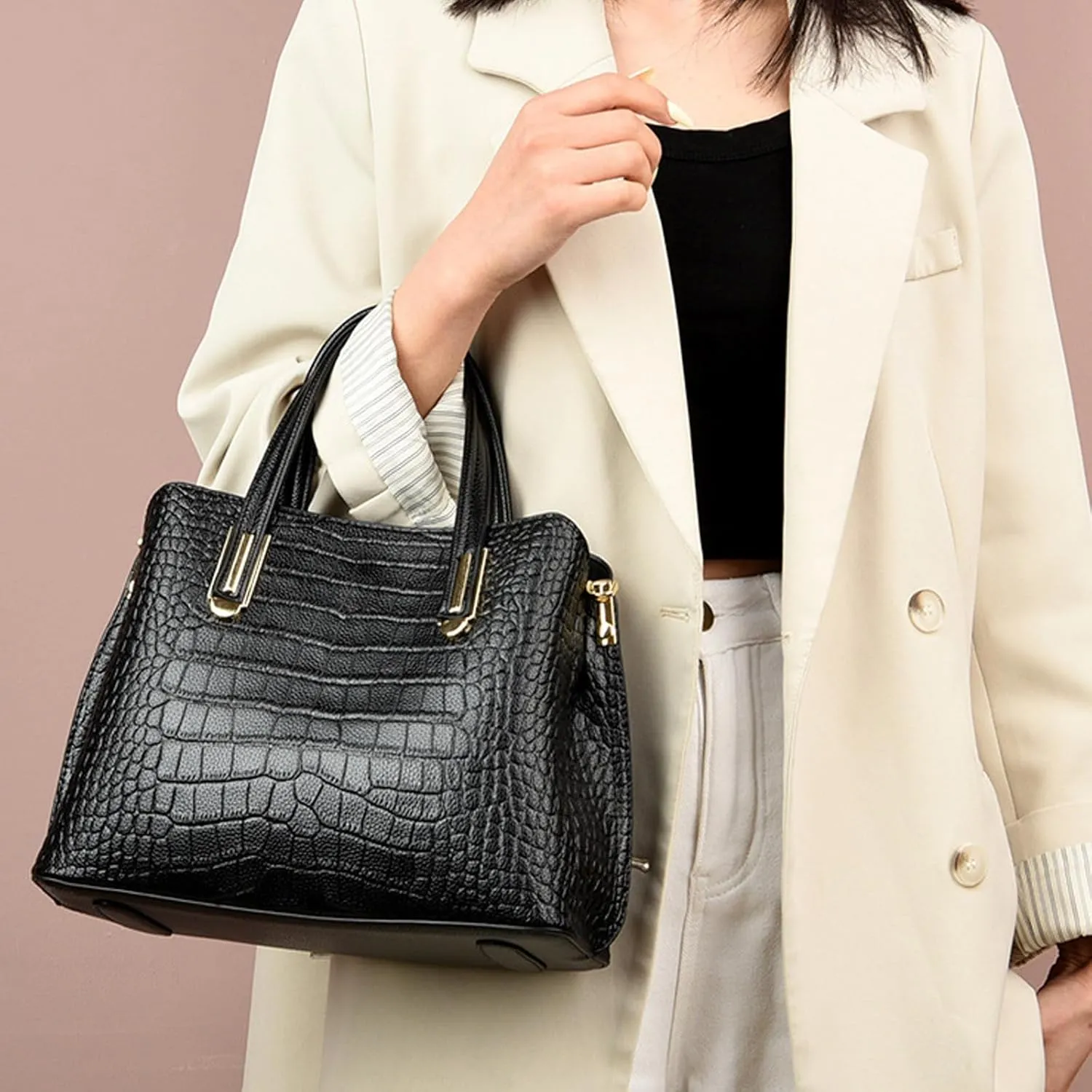 Top Handle Tote Bag Crocodile Genuine Leather Handbags for Women Cross Body Bags Ladies Black Shoulder Satchel Purse