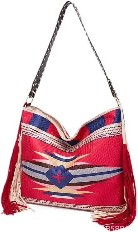 Tote Bag Bohemian Vintage Shoulder Bag Zipper Tote 16.9 Inch Large Capacity Canvas Bag for Women