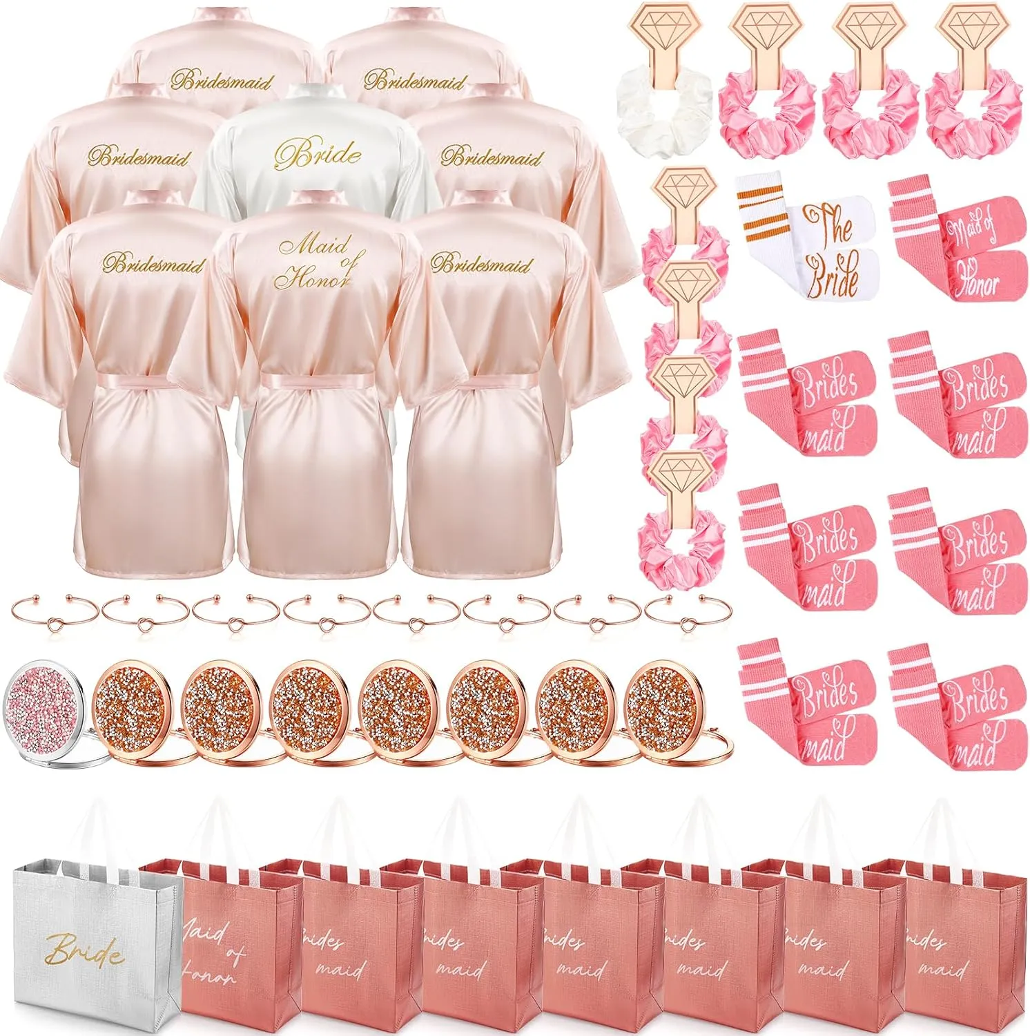 Toulite 48 Pcs Bridesmaid Robe Sets Silk Satin Bride Party Robes with Bachelorette Gift Handbags Knot Bracelets Hair Ties Rhinestone Mirrors and Socks for Bridesmaid Wedding Bachelorette Party