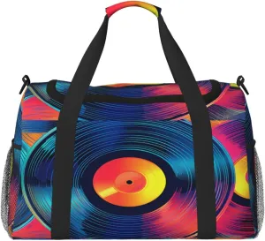 Travel Duffel Bag For Men Women, Colorful Music Record Vinly Cd Pattern Carry On Sport Gym Bag With Shoulder Strap Lightweight Waterproof Weekender Bag Overnight Bag