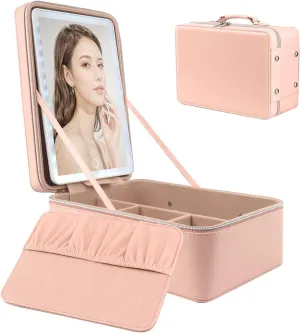 Travel Makeup Bag with LED Mirror, Portable Cosmetic Train Case with Light Up Mirror, Make up Case with Lighted Mirror, 3 Color Brightness, Makeup Box Organizer Beauty Tools Case Rechargeable (Pink)