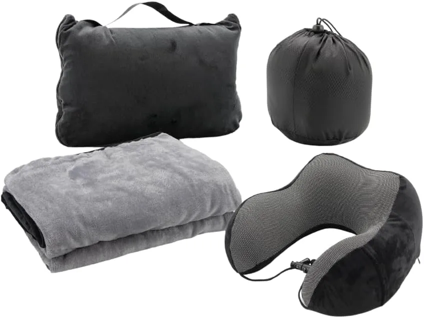 Travel Pillow and Blanket Set – Premium 2 in 1 Airplane Pillow & Blanket Set – Portable Memory Foam Neck Pillow Airplane & Soft Travel Blanket Airplane Compact with Bag - Best Travel Pillow & Blanket