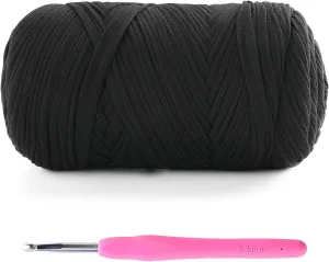 Tshirt Yarn for Crochet - 400 g/130 yds T Shirt Yarn for Crocheting Bags/Baskets/Home Decor - Soft Elastic Fabric T-Shirt Yarn with 1 Crochet Hook (1, Black)