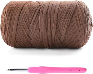 Tshirt Yarn for Crochet - 400 g/130 yds T Shirt Yarn for Crocheting Bags/Baskets/Home Decor - Soft Elastic Fabric T-Shirt Yarn with 1 Crochet Hook (1, Coffee)