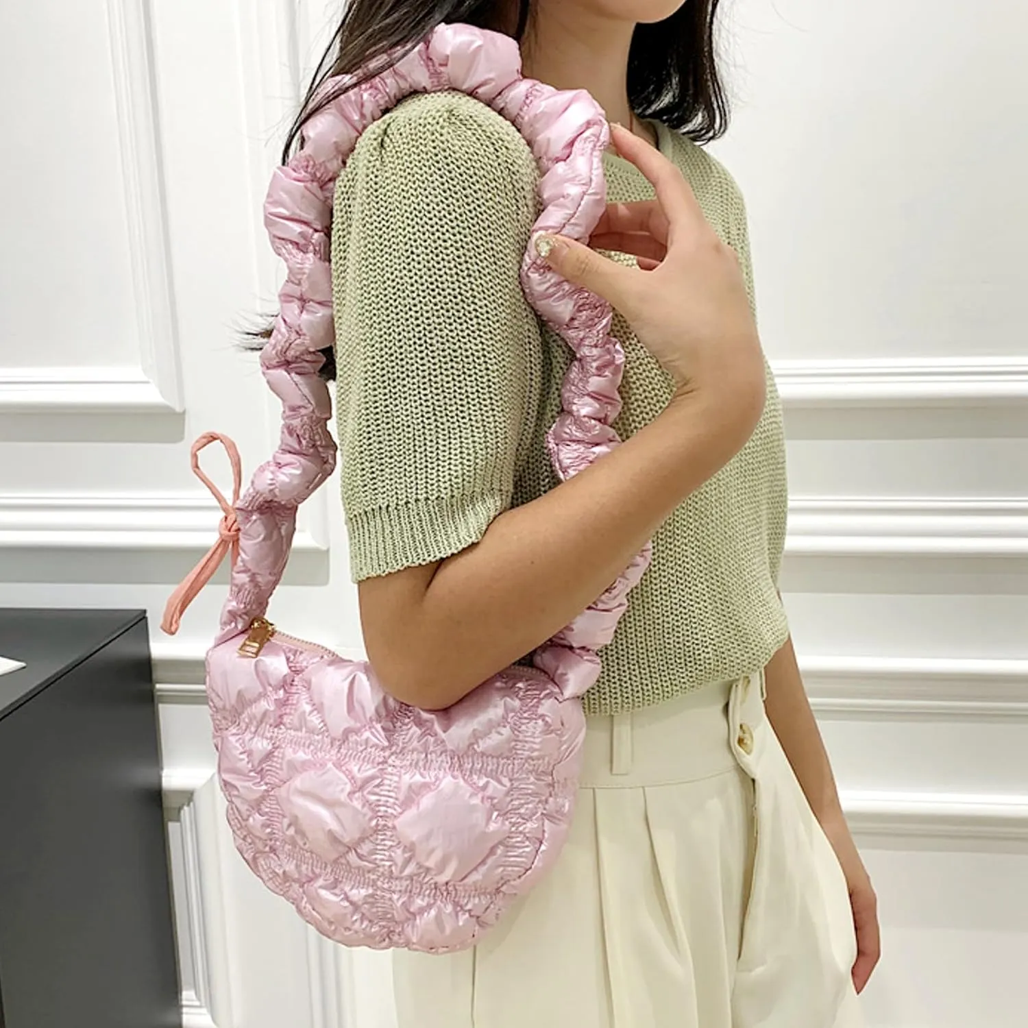 TWO KAT Metallic Quilted Shoulder Tote Purse Adjustable Strap Women, Puffer Hobo Crossbody Handbag, Lightweight Sling Bags
