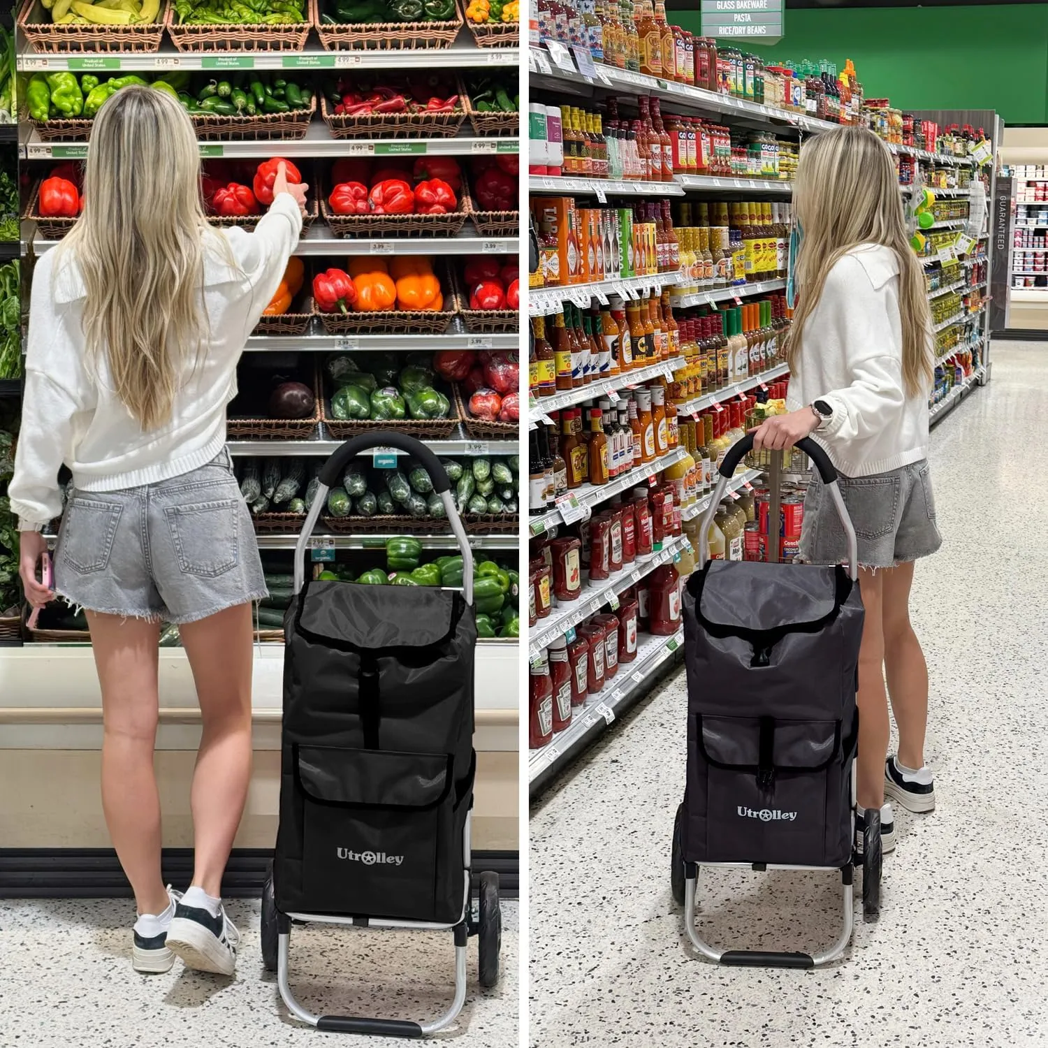 Ultra-Lightweight Black Foldable Shopping Cart for Groceries - Large 42L Capacity Soft Rolling Wheels, Removable Bag, Multi-Function Personal Hand Truck